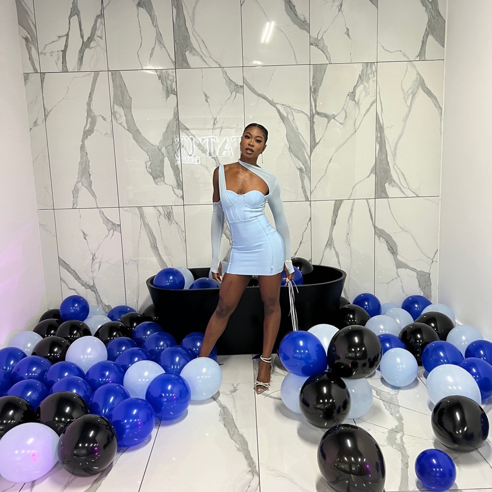 Blue Party Midi Dress W/ Asymmetric Sleaves